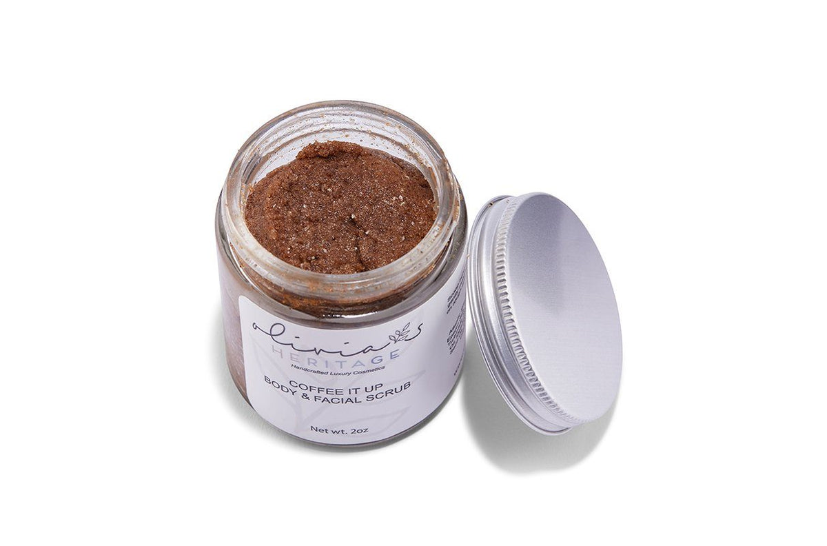 Coffee It Up Scrub, an energizing body scrub that exfoliates and rejuvenates the skin, available at uliviasheritage.com
