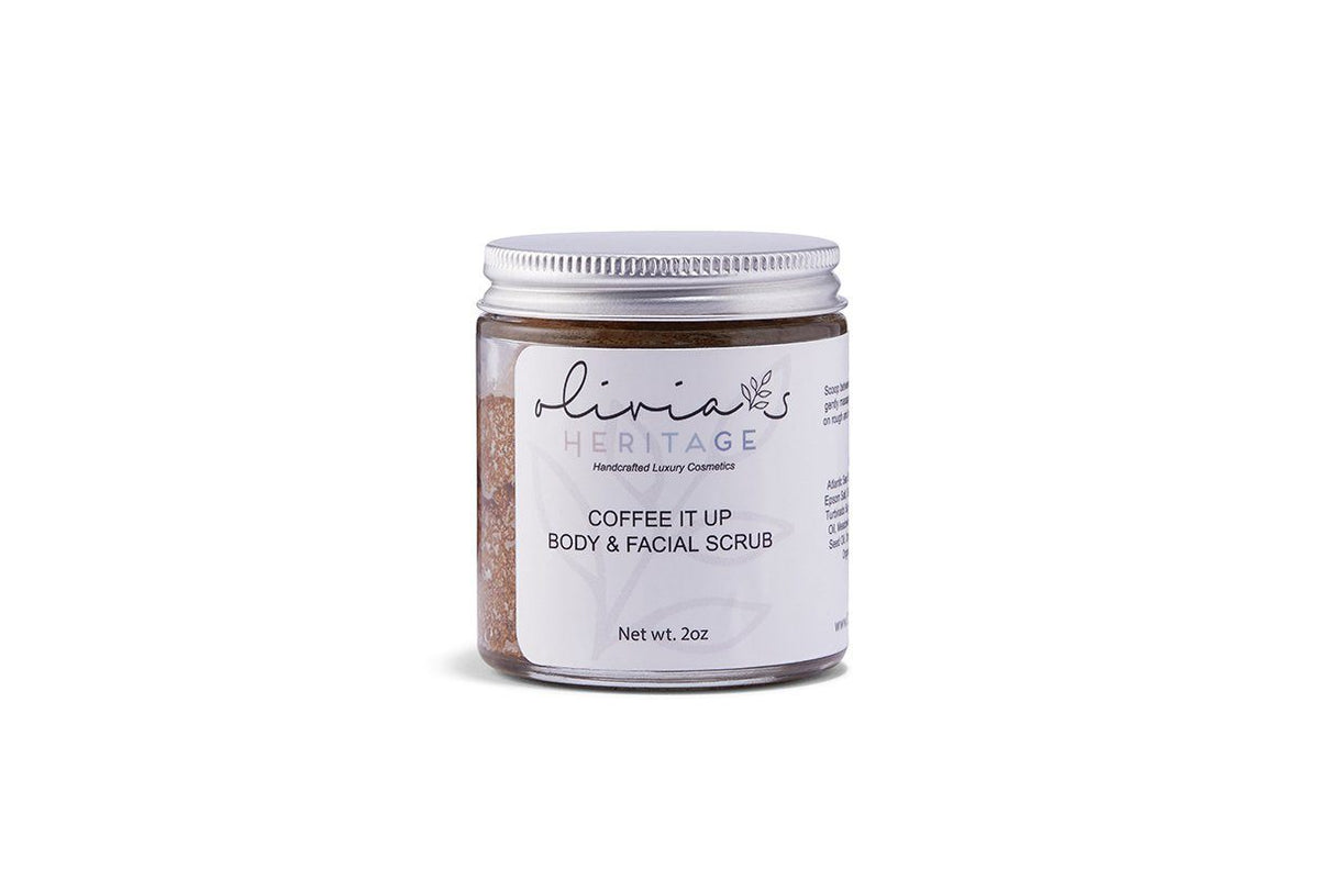 Coffee It Up Scrub, an invigorating body scrub that exfoliates and energizes the skin, available at uliviasheritage.com