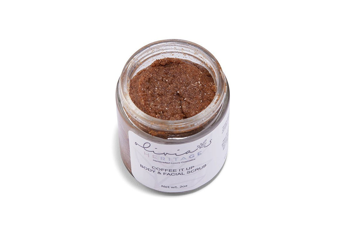 Coffee It Up Scrub, an energizing body scrub that exfoliates and rejuvenates the skin, available at uliviasheritage.com