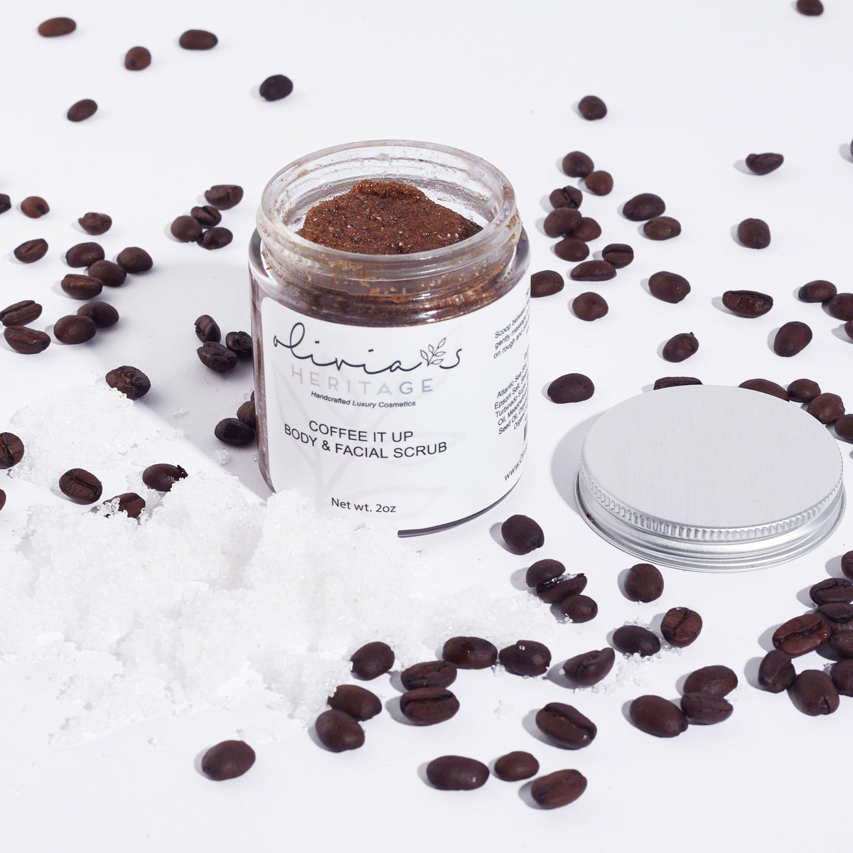 Coffee It Up Scrub, an invigorating body scrub that exfoliates and energizes the skin, available at uliviasheritage.com