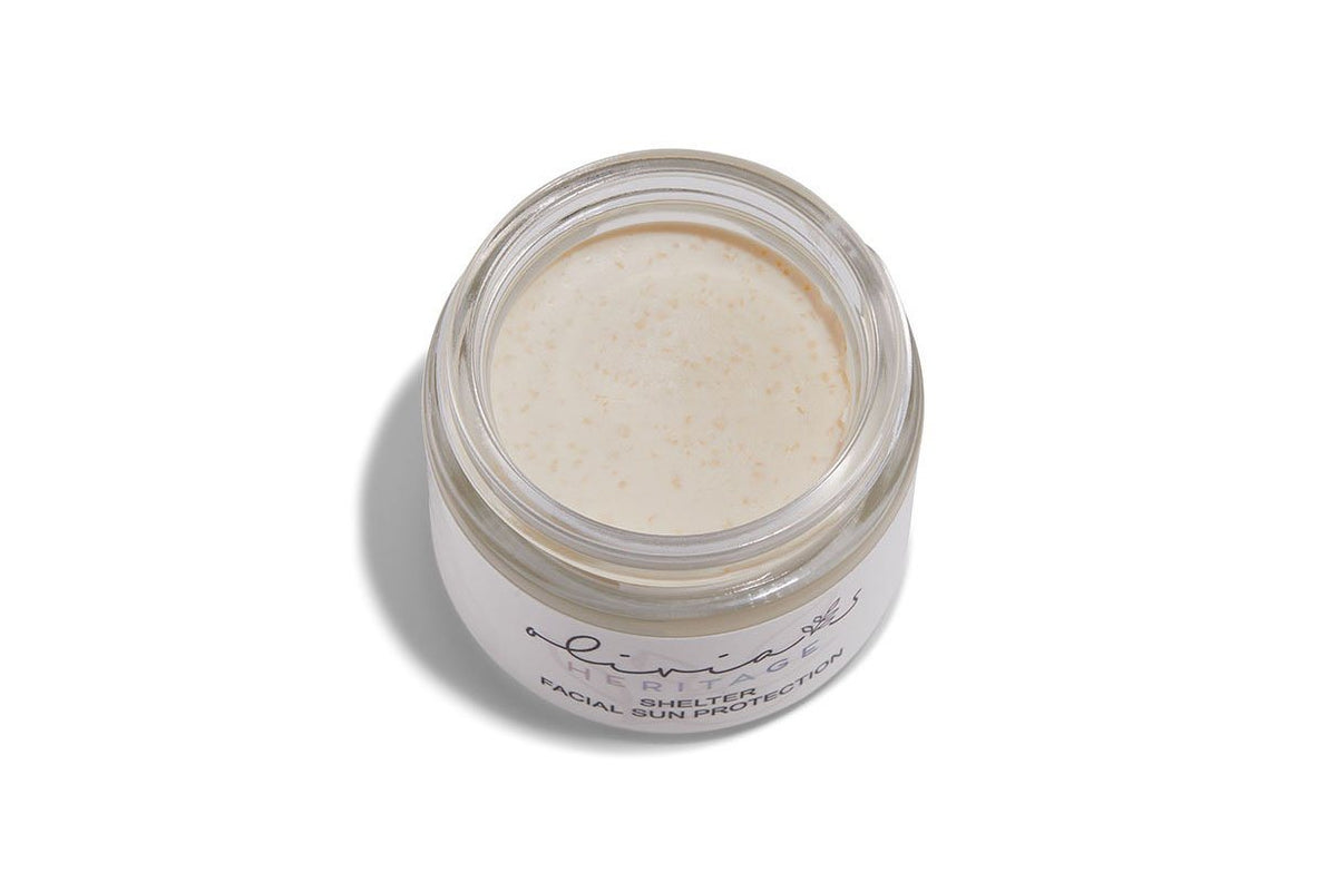 Shelter Sun Protection, a lightweight sunscreen that protects and nourishes the skin from harmful UV rays, available at uliviasheritage.com