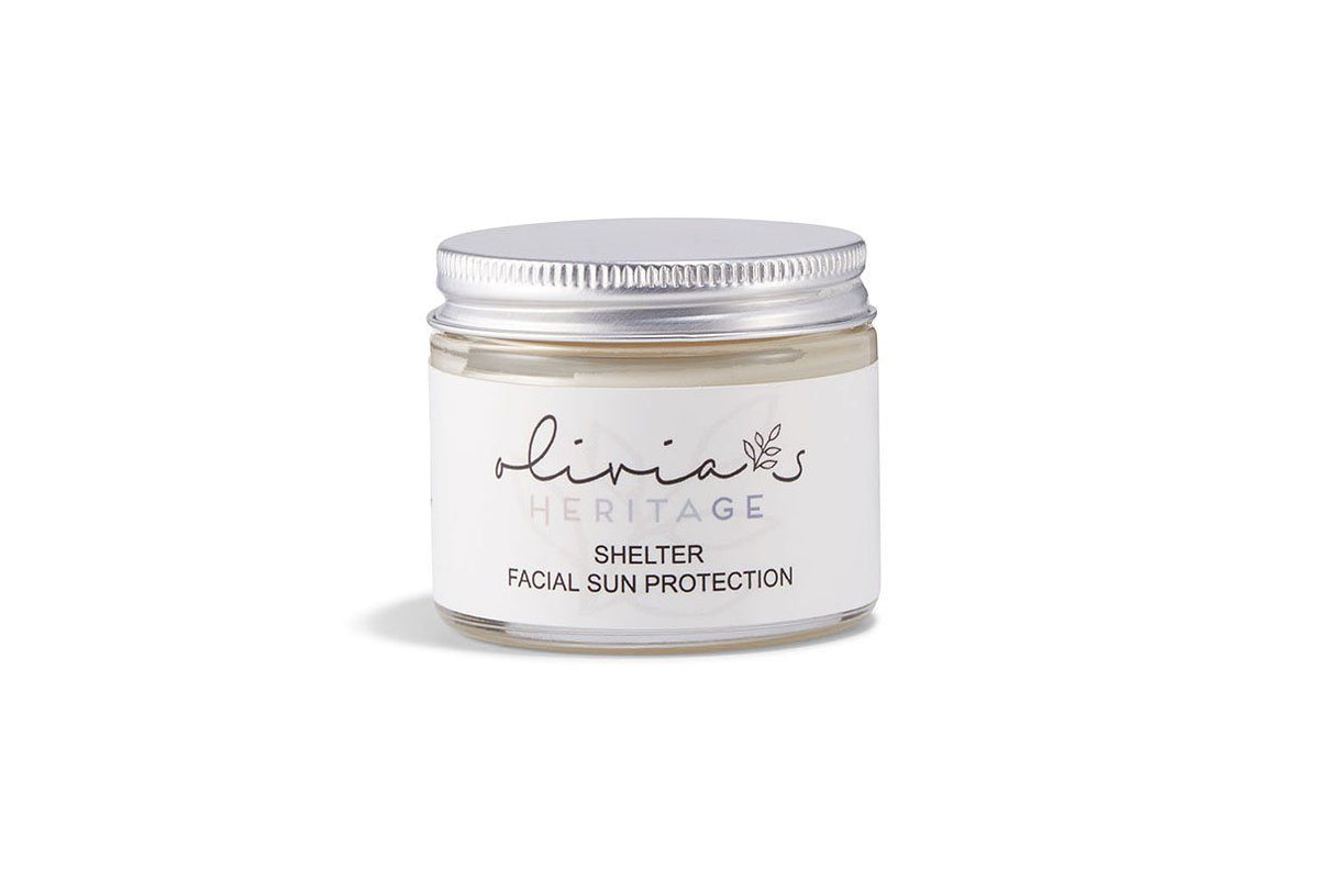Shelter Sun Protection, a lightweight sunscreen that shields the skin from harmful UV rays while nourishing and protecting, available at uliviasheritage.com